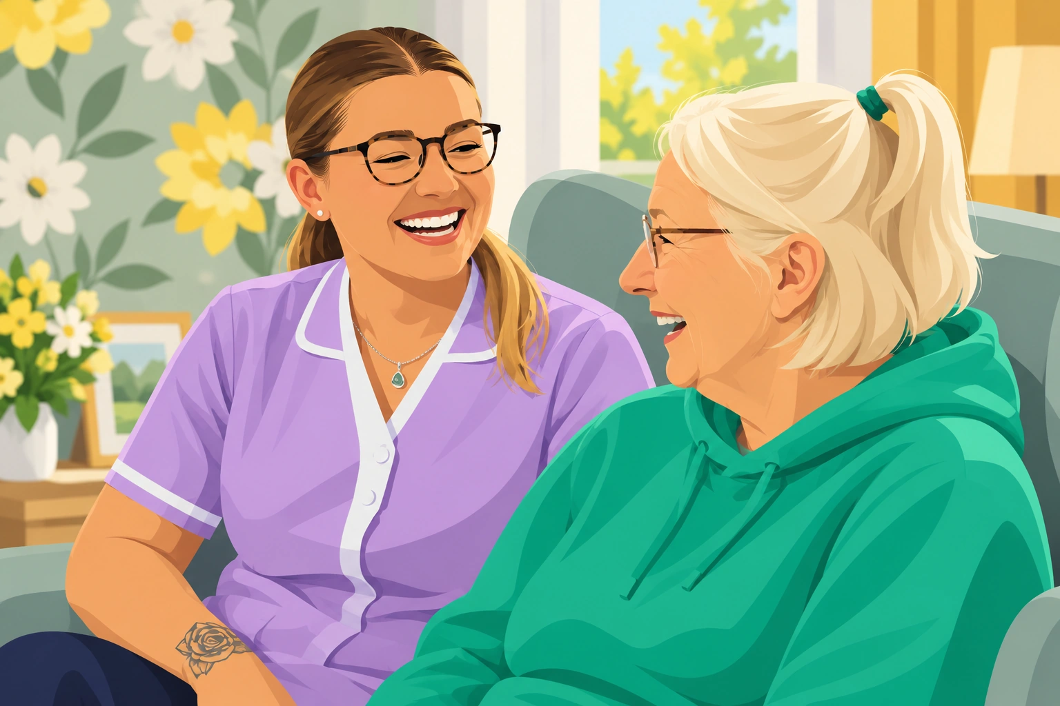 Illustration: a carer in a lilac tunic laughing with an older woman in a green hoodie beside her armchair.