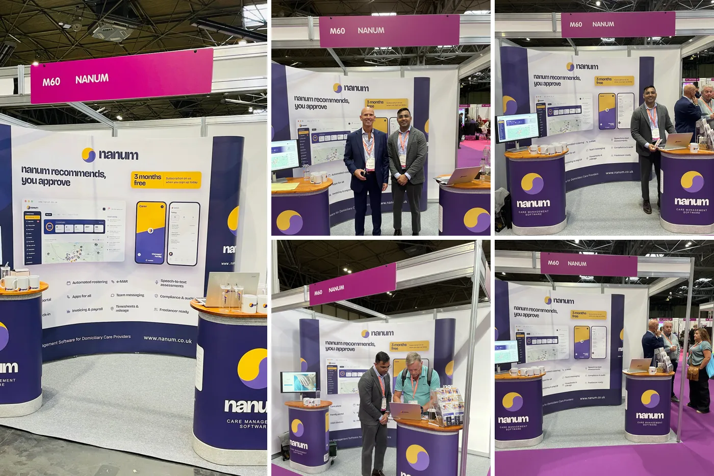 Photographs from Stand M60 at the Care Show Birmingham 2026: the stand on its own, the founders, and visitors being shown the system
